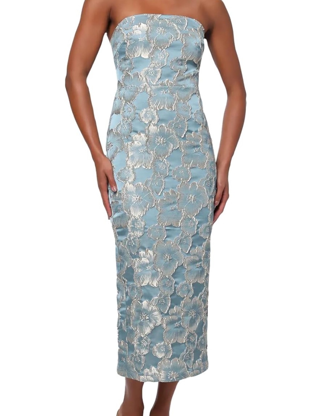 Lulu’s Strapless Floral Brocade Midi Dress in Light Blue and Gold/Silver
